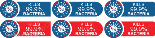 Kills 99.9 percent bacteria label icons with germ symbol and prohibition sign
