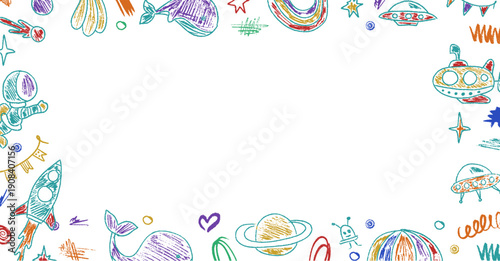 Cute childish frame with scribble planets, rockets and stars. Frame crayon kindergarten illustration ideal for kids graphics, baby backgrounds, classroom posters and creative text layouts.