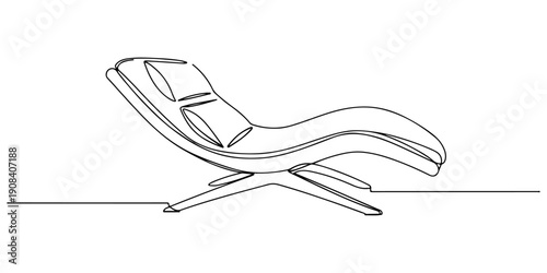 Continuous one line of a curved lounge chair with low seat, representing contemporary furniture for relaxation, drawn illustration.