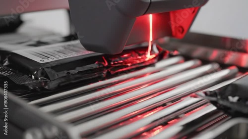 digital transformation automation ecosystem concept. Laser scanning a barcode on a packaged product in an industrial setting.