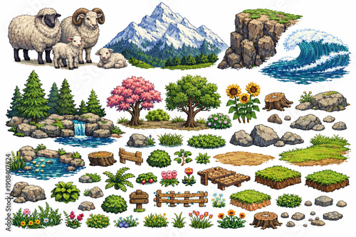 Detailed Pixel Art Nature Sprite Collection – Landscapes with Sheep, Mountains, Ocean, and Plants