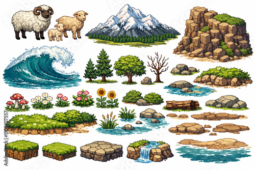 Detailed Pixel Art Nature Sprite Collection – Landscapes with Sheep, Mountains, Ocean, and Plants