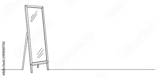 Continuous one line of a tall standing mirror with a slim frame, depicting accent furniture in a private space, drawn illustration.