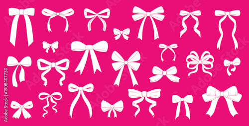 Set of pink, red and white bows, gift ribbons. Handwriting and hand drawn ribbon, ties, ribbons, and hair bows. . Flat style Ideal for cards, packaging, flyers and festive decorations. 