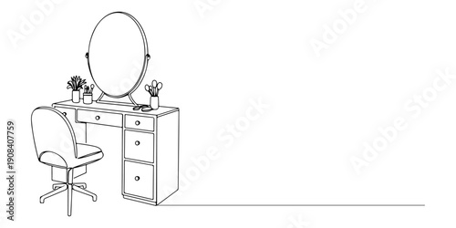 Continuous one line of a bathroom cabinet with drawers and mirror, depicting minimalist bathroom storage, drawn illustration.