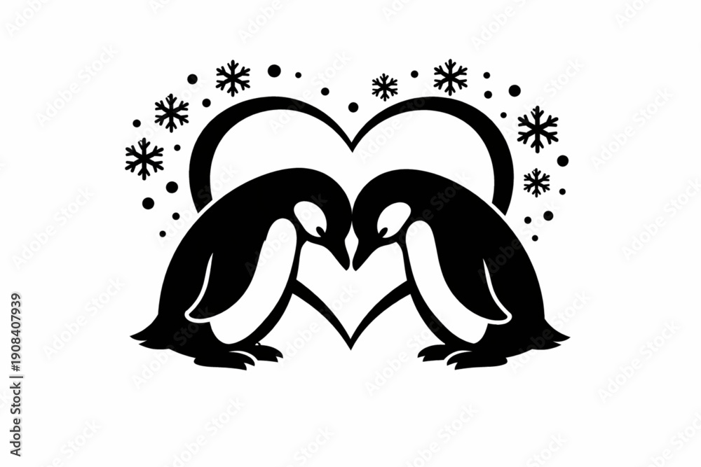 Fototapeta premium Two Cute Penguins in Love Bowing — Romantic Winter Heart Silhouette Vector Illustration
