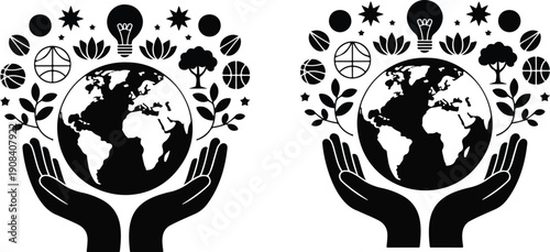 Abstract hand print with green leaves holding a globe representing global care and environmental protection concept