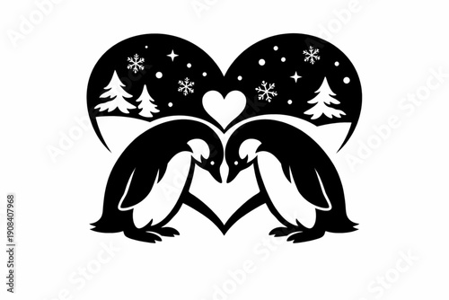 Two Cute Penguins in Love Bowing — Romantic Winter Heart Silhouette Vector Illustration