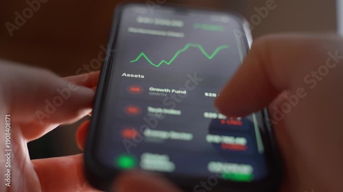 A person checks the growth of his assets through a mobile application. Chart of growth of stocks and crypto market