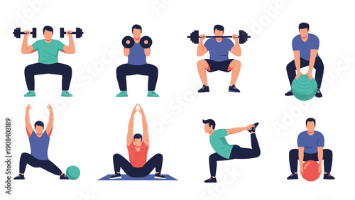Collection of men performing various physical exercises and strength training with dumbbells, barbells, and gym balls for fitness.