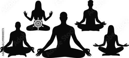 A black and white silhouette illustration of multiple people in various meditation and yoga poses against a white background