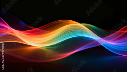 Vector illustration of a smooth stream of light that shimmers with all the colors of the rainbow on a black background.