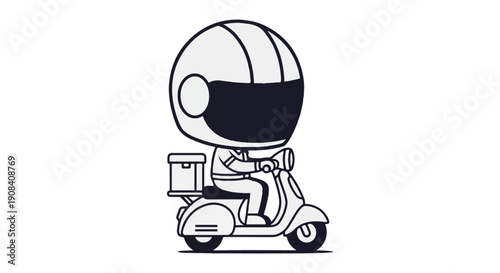 Monochrome vector delivery man on scooter with package box, courier service icon, isolated on white