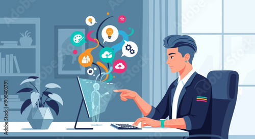 Businessman sitting at a desk with a computer and pointing at a screen with various social media icons floating above it in an office setting with a plant and window.