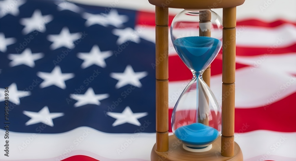 Fototapeta premium USA Election Deadline: Hourglass with blue sand placed in front of waving United States flag, american democracy, political voting, countdown, government policy and national patriotism concept