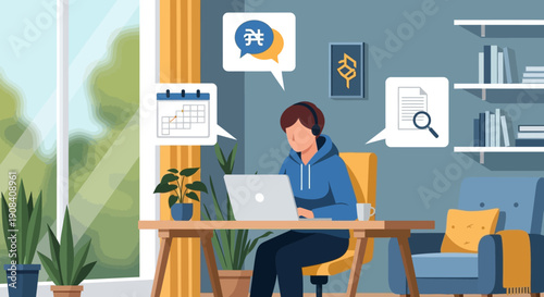 Illustration of a man sitting at a desk with a laptop in a cozy home office with plants and books on shelves.