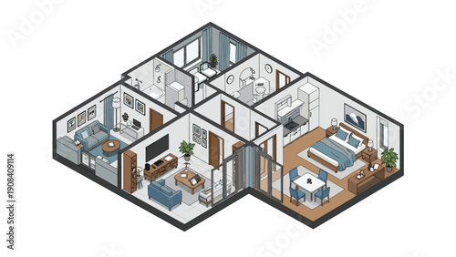 Detailed isometric floor plan of a modern apartment interior with fully furnished living room, kitchen, bedroom, and bathroom areas.