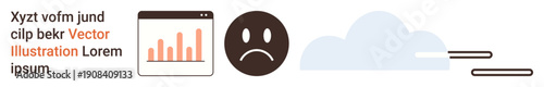 Emotional wellness, data analysis, mood tracking, performance trends, mental health, cloud technology. Sad face, bar chart and cloud elements. Emotional wellness and data analysis illustration
