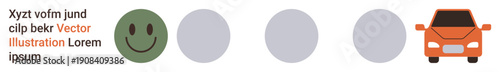 Emotion recognition, ratings, user feedback, automotive industry, communication, visual design. Green happy face, gray dots orange car in a sequence. Emotion recognition and user feedback concept
