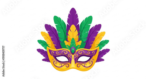 Vibrant mardi gras masquerade mask with purple green and gold feathers on white background for festive celebrations