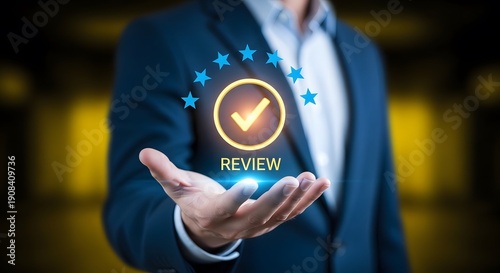 Businessman presenting a glowing review icon with a checkmark and stars