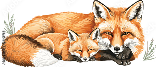 Vector Illustration of a Realistic Red Fox Mother and Her Cute Cub Sleeping Together Peacefully in the Grass Representing Wildlife Motherhood Nature and Love