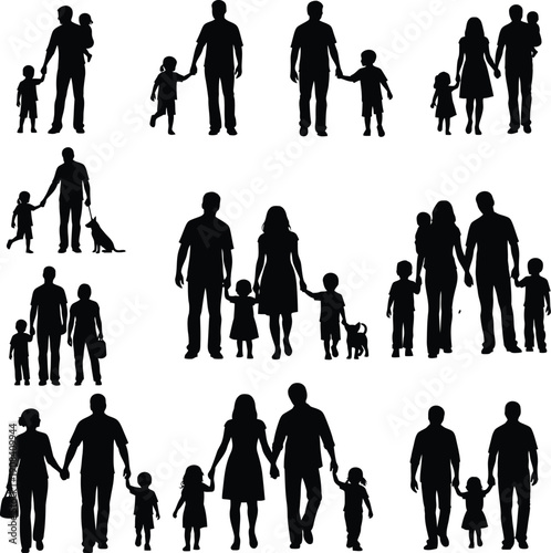 Family silhouettes, including dog and stroller, vector art