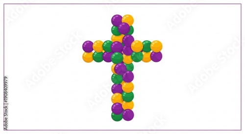 Colorful mardi gras beads form a cross on white background symbolizing celebration and faith