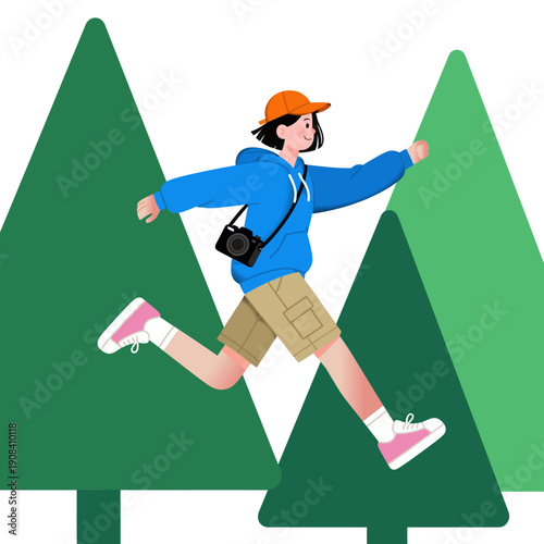Cartoon illustration of a girl camping