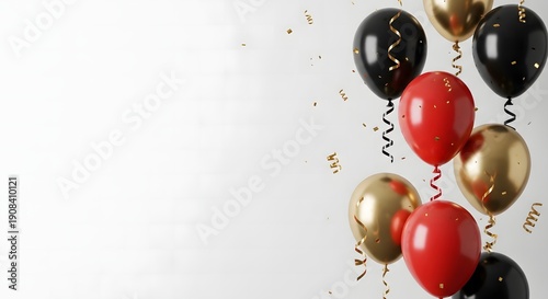 Elegant Red and golden ,black Balloons with golden confetti on a white background