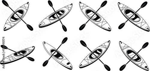 Stylized kayak silhouette illustration set featuring eight identical designs with paddles, cockpit details, and deck rigging for water sports graphics