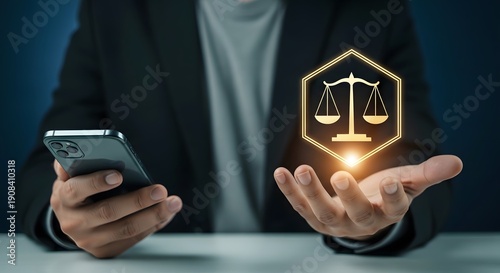 A person in a business suit holding a glowing scale of justice on their palm and a smartphone