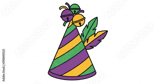 Colorful mardi gras party hat with feathers and bells on white background for festive celebrations