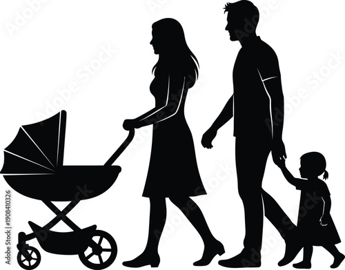 Family with stroller and child, silhouette, vector graphic design
