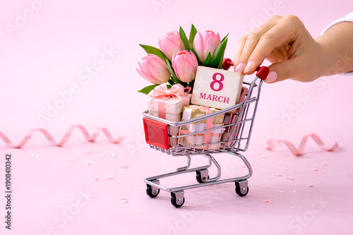 Mini Shopping Cart with Tulips and Gifts for International Women’s Day, 8 March Celebration Concept