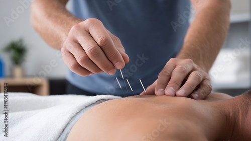 Martial artist performing dry needling therapy muscle tension physiotherapist applying fine needles sterile room