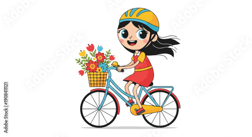 Cute cartoon girl riding blue bicycle with flower basket, yellow helmet, red dress, vector illustration isolated on white