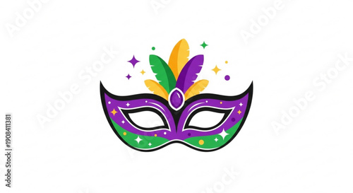 Vibrant mardi gras mask with feathers and stars on white background for festive celebrations