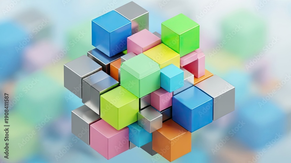 Obraz premium A colorful 3D rendering of cubes in various bright hues and shades