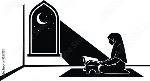 Muslim Woman Reading Quran at Night Inside Mosque Silhouette Illustration