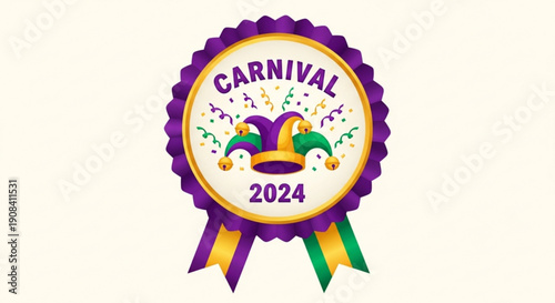 Vibrant purple green and yellow mardi gras carnival badge with jester hat and confetti on white background