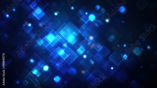 Abstract technology background with glowing blue squares and geometric shapes.