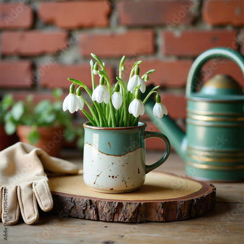 Handmade Charm: Snowdrops in a Recycled Ceramic Mug with Garden Tools