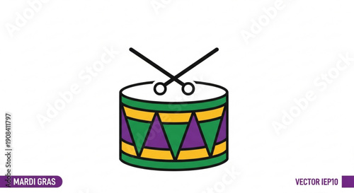 Mardi gras drumming fun colorful purple green yellow drumsticks
