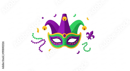 Vibrant mardi gras jester mask with beads and fleur de lis on white background for festive celebrations