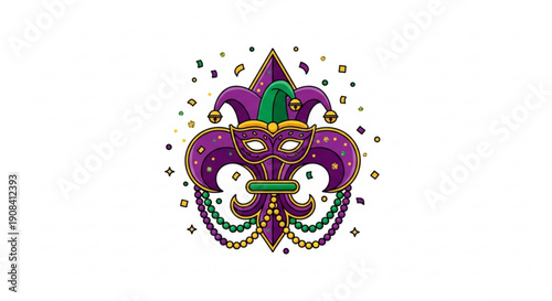 Vibrant purple mardi gras jester mask with green and gold accents beads and confetti on white background for festive celebrations