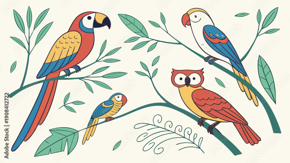 Obraz premium Gemini saidCute cartoon vector illustration of a tropical macaw parrot with colorful feathers perched on a green jungle tree branch in nature wildlife