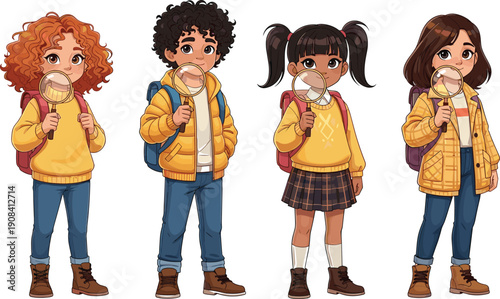 Vector Illustration of Diverse Group of Curious Children Students Holding Magnifying Glasses and Wearing Backpacks Ready for School Adventure Exploration Discovery and Learning (24 words)