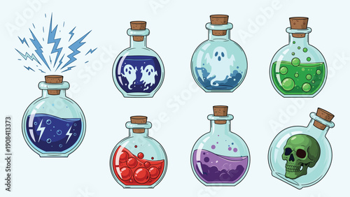 Set of eight magical potion bottles containing mysterious elements like ghosts lightning a skull and glowing liquids.