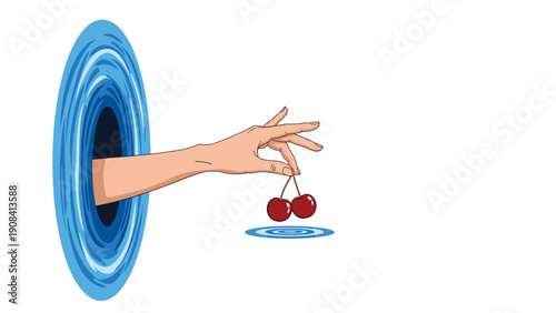 Surreal illustration of a hand emerging from a blue portal to hold red cherries above a calm water ripple in a clean background.